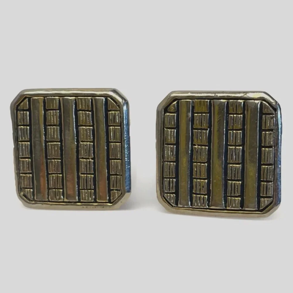 Silver/Gold-tone Rectangular Textured Lined Pattern 7/8 in Cufflinks Vintage